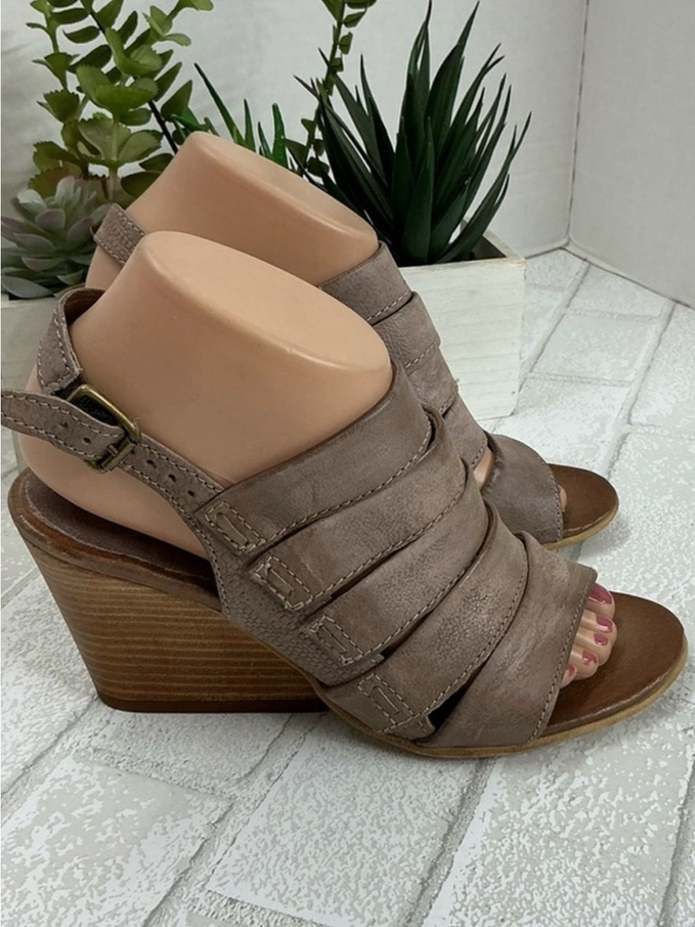 Miz Mooz Taupe Strappy Wedge Sandals